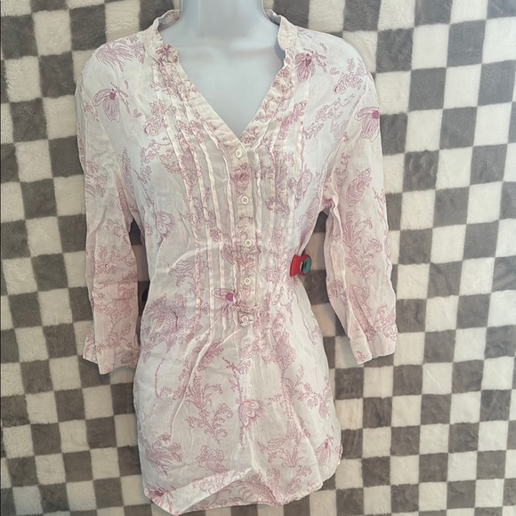 Malvin Linen Floral Long Sleeve V Neck Button up Blouse/ Top Size Large - Picture 2 of 15
